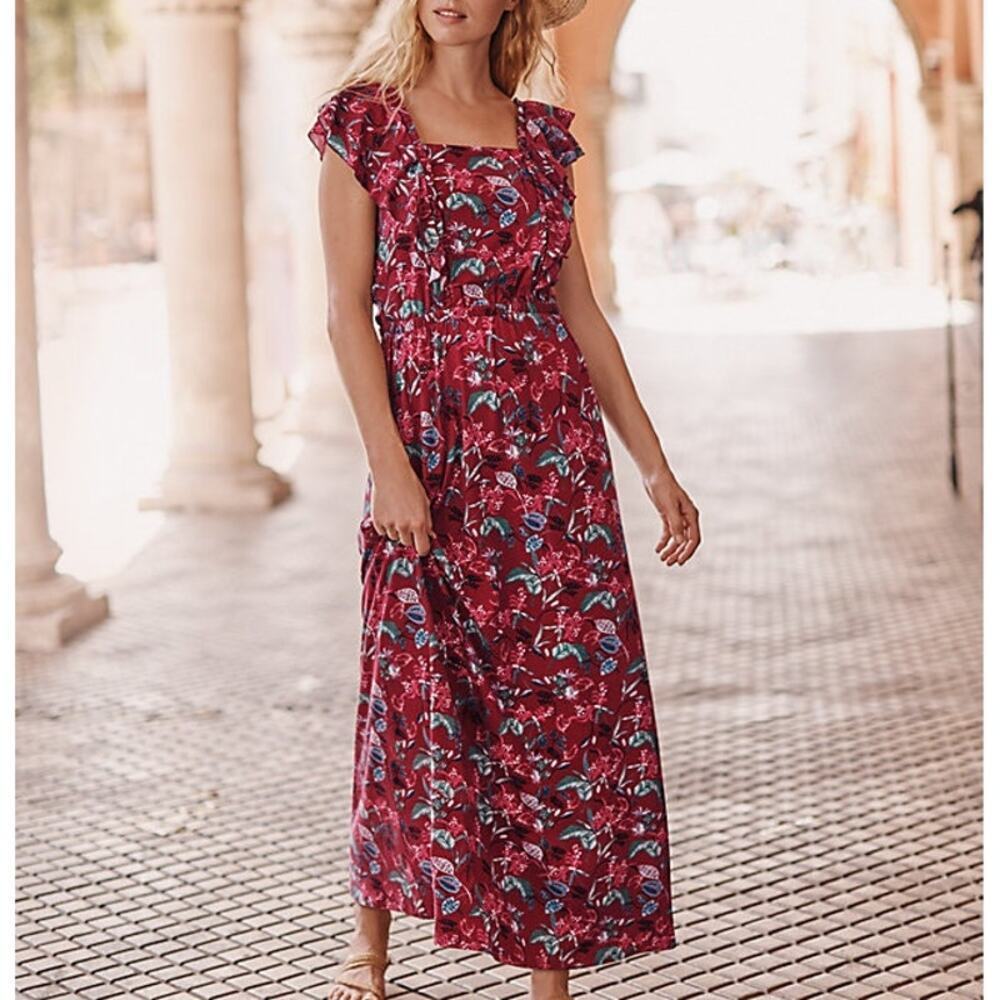 Garnet Hill Dulce Knit Maxi Dress Women's L Red Fantasy Floral Ruffle Stretch